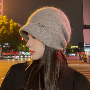 帽子女秋冬季时尚百搭保暖加绒加厚防风，短檐毛线兔毛针织盆帽