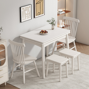 岩板折叠餐桌家用小户型奶油，风现代简约伸缩实木餐桌椅组合桌子