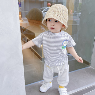 儿童夏季短袖男宝宝条纹，宽松版t桖女童，纯棉卡通韩版薄款半袖上衣