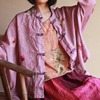 中式复古苎麻印花长袖衬衫女 春夏季薄款宽松版对襟蝙蝠袖短外套