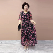 时尚大码连衣裙夏季台湾纱长裙40-50岁气质妈妈，弹力跳舞花裙