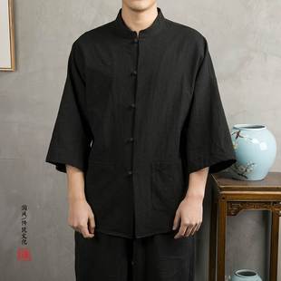中国风男士唐装中式禅修七分袖衬衫汉服青年居士服棉麻上衣