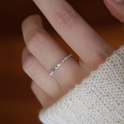 s925纯银微镶彩钻戒指极细开口指环，小巧女彩虹关节尾，戒小众氛围感