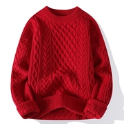 兔年本命年毛衣大红色男冬季纯色，高级感针织衫，潮牌麻花情侣装外套
