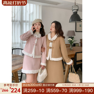 DM100胖mm大码女装2023冬保暖甜美韩版拼接外套半裙两件套装