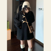 高级感小个子牛角扣毛呢，外套2022秋冬装日系连帽，呢子大衣女中长款