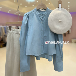 韩版宽松圆领单排扣落肩泡泡袖法式气质蓝色衬衫长袖上衣女秋