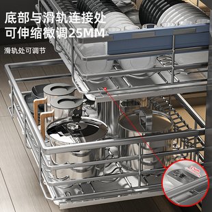 304不锈钢拉篮厨房橱柜双层放碗碟架抽屉式轨道滑轨盘子收纳拉篮