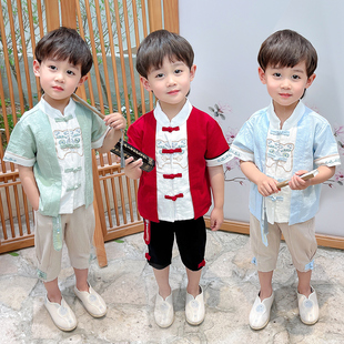 2023夏季短袖儿童中国风复古汉服男童，唐装薄款民族风套装男孩