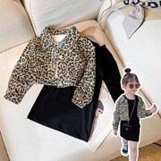女童秋季套装2021儿童韩版长袖豹纹外套洋气，针织连衣裙两件套