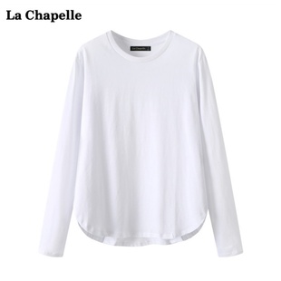 拉夏贝尔lachapelle圆领弧形下摆，长袖t恤女秋季白色打底衫上衣