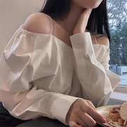 韩国chic春季气质百搭一字，领露肩吊带宽松长袖，纯色衬衫上衣女