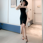 夏装黑色小心机性感连衣裙泡泡袖2024短款显瘦气质开叉一步裙
