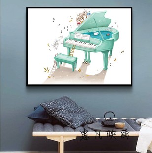 清新卡通唯美钢琴装饰画 幼儿园音乐教室儿童房有框画 蓝壁画挂画