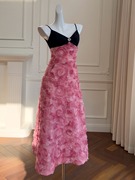 法式蝴蝶结吊带立体花朵，玫瑰礼服名媛风连衣裙，粉色仙女长裙