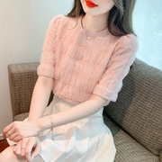 2024夏季韩版泡泡袖粉色蕾丝衫雪纺衫甜美洋气短袖小衫