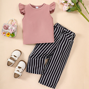 夏季粉色圆领飞袖上衣加间条长裤中小童女宝宝时尚洋气两件套
