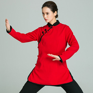 女士武农当道袍亚麻斜领武术太极服红色长袖运动套装