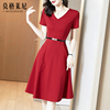 高端红色v领连衣裙，2024女夏季赫本风收腰显瘦气质高级感裙子