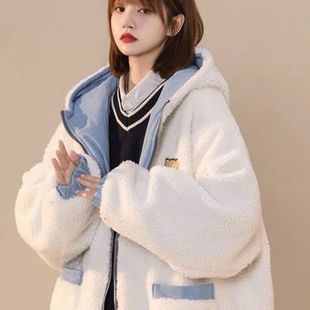 奶huhu的蓝色棉服女冬季加绒加厚两面，穿棉衣设计感小众羊羔毛外套(毛外套)