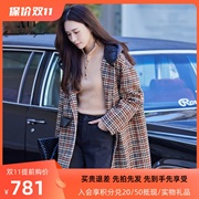 xg雪歌复古格纹连帽毛呢大衣女2023冬中长外套XI410060B595