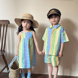 男童套装女童连衣裙洋气沙滩海边度假2024姐弟装兄妹装幼儿园