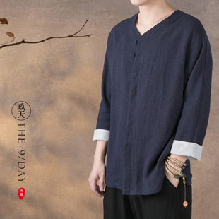 春季中国风男装棉麻长袖衬衫盘扣暗纹七分袖衬衣亚麻茶服居士服