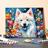 数字油画diy手工填充小花卉白色狗狗萨摩耶狐狸，犬手绘涂色油彩画