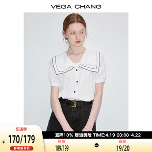 vegachang白色衬衫女夏装，2024年法式小众，蝴蝶结泡泡袖上衣