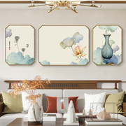 高档荷花新中式客厅装饰画八边形，三联画沙发背景，墙壁画中国风茶室
