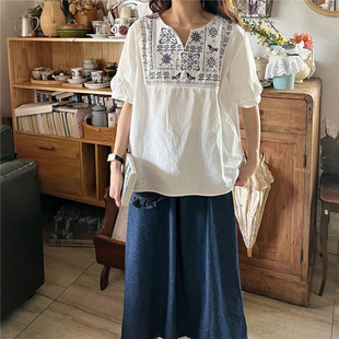 日系文艺复古民族风重工刺绣短袖，衬衫夏季灯笼，袖白色减龄上衣女