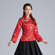 红色古代衣服女中国风长袖短款旗袍民族风女装改良唐装女上衣外套