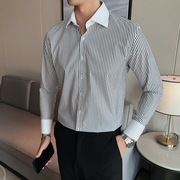 休闲蓝白条拼色大领衬衫男长袖，修身帅气商务，正装免烫条纹衬衣男潮
