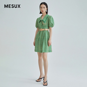 MESUX米岫绿色条纹泡泡袖娃娃领短款连衣裙（含腰带）MKMUO411