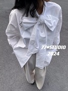 春季韩版设计感小众蝴蝶结白色，长袖衬衫女宽松大码咖色上衣