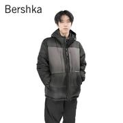 bershka男士保暖外套秋冬短款连帽棉服男装防风夹克黑色