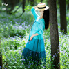 又见青山复古蓝色苎麻连衣裙，女夏季圆领，拼接渐变裙子