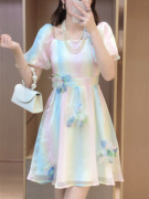 夏季2024森系仙女方领短袖高腰连衣裙法式甜美公主彩虹蓬蓬裙
