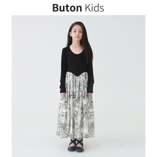 butonkids自制女童黑和老虎，拼接连衣裙秋季亲肤设计感个性长裙