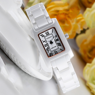 方形手表女陶瓷白色时尚百搭小巧防水指针式气质罗马石英时装腕表