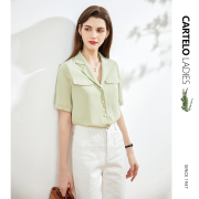 鳄鱼绿色V领衬衫女夏季短袖休闲气质显瘦衬衣设计感小众上衣