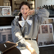 韩国chic春季复古小众立领蝴蝶结，撞色格子设计宽松百搭长袖衬衫女