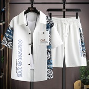 短袖衬衫套装男士夏季潮牌设计感拼接印花休闲运动短裤两件套衣服