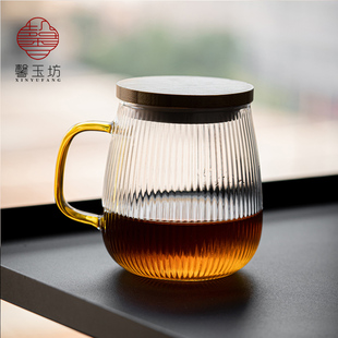 日式条纹玻璃水杯带盖勺子耐热花茶牛奶咖啡杯泡茶杯啤酒杯果汁杯