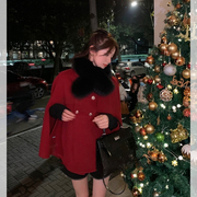 圣诞别致大衣过新年战袍冬装高级感时髦小个子红色斗篷毛呢外套女