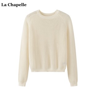 拉夏贝尔/La Chapelle秋季网眼镂空长袖针织衫女纯色圆领毛衣