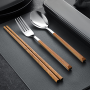 筷子勺子套装一人一筷便携餐具学生，收纳盒叉子单人木质筷子三件套