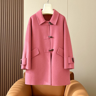 粉色双面羊绒大衣女，中长款秋冬高级感小个子，牛角扣羊毛呢外套