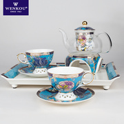 英式中式蓝色花茶具玻璃壶，蜡烛加热底座骨瓷，下午茶具茶壶套装送礼