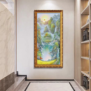 手绘油画山水风景聚宝盆现代中式客厅简约轻奢玄关走廊挂画装饰画